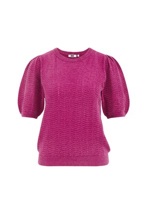 Short-sleeve knit sweater in bright pink with textured zigzag pattern, ribbed neckline, and bottom hem. Puff sleeves enhance volume.