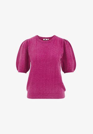Kratka pletena majica s kratkimi rokavi v svetlo roza barvi z teksturiranim vzorcem v obliki cik-cak, ribastim ovratnikom in spodnjim robom. Napihnjeni rokavi povečajo volumen.