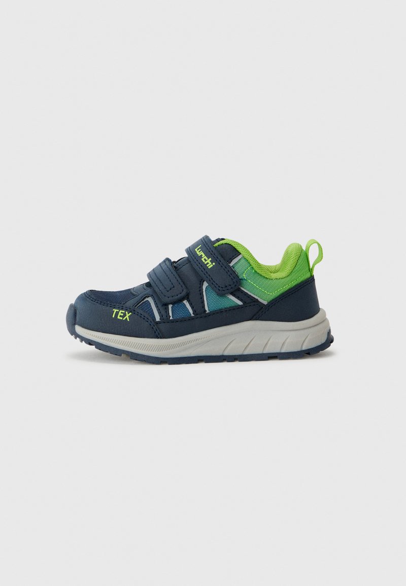 Navy blue sneakers with green accents, synthetic upper, two Velcro straps, and textured rubber sole. Features lightweight design and toe cap.