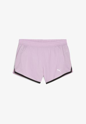 Light purple athletic shorts with a mesh texture; features a black trim, side pockets, and a white logo on the front. Elastic waistband.