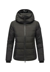 Black padded jacket with a high collar and attached hood. Features a zip closure, elasticized cuffs, and a smooth texture.