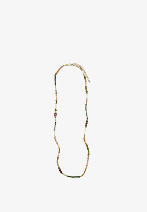 Naszyjnik z koralików z drobnymi, wielokolorowymi kwadratowymi i okrągłymi koralikami, złotymi akcentami oraz regulowanym łańcuszkiem z zapięciem.