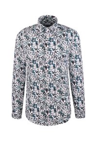 Camicia a maniche lunghe con bottoni, caratterizzata da un motivo floreale e foglie in tonalità teal, nera e rossa su sfondo bianco.