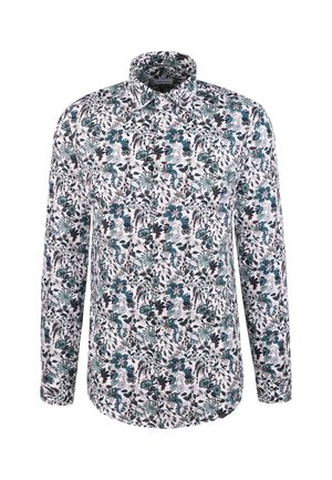 Lange mouw button-up shirt met een teal, zwart en rood bloemen- en bladerenpatroon op een witte achtergrond.