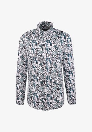 Koszula z długim rękawem zapinana na guziki z turkusowym, czarnym i czerwonym wzorem kwiatowym oraz liści na białym tle.