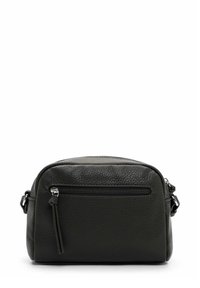 Black leather crossbody bag with a textured finish, rounded shape, zippered front pocket, and adjustable strap. Minimalist design.