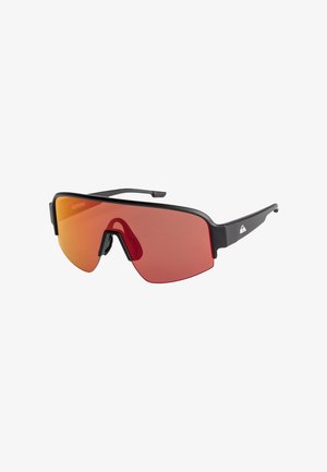 Schwarze Sportsonnenbrille mit einer einteiligen rot-orangefarbenen Linse, ausgestattet mit einem leichten Rahmen und minimalistischem Design. Keine sichtbaren Logos.