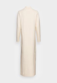 Dlouhé, světle béžové šaty z měkké tkaniny, s vysokým výstřihem, dlouhými rukávy a rovnou siluetou. Žádné viditelné vzory ani akcenty.