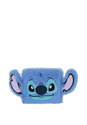 Bolsita de felpa azul con forma de cara de extraterrestre de dibujos animados con grandes ojos, una nariz, una boca sonriente y dos grandes orejas a los lados.