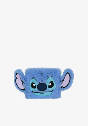 Bolsita de felpa azul con forma de cara de extraterrestre de dibujos animados con grandes ojos, una nariz, una boca sonriente y dos grandes orejas a los lados.