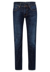 Dark blue denim jeans with a straight fit, featuring orange stitching, belt loops, front pockets, and a button closure. Brand label inside waistband.