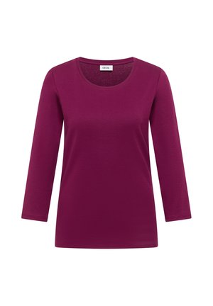 Long-sleeve, round-neck top in dark purple fabric. Smooth texture with a fitted design and no visible patterns or accents. Brand label visible.