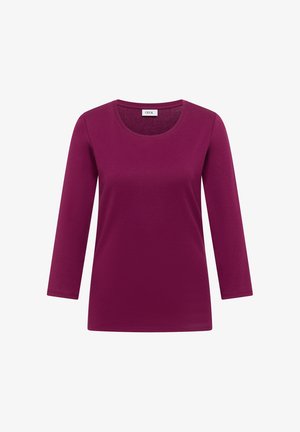 Maglia a maniche lunghe con scollo rotondo in tessuto viola scuro. Texture liscia con design aderente e senza motivi o accenti visibili. Etichetta del marchio visibile.