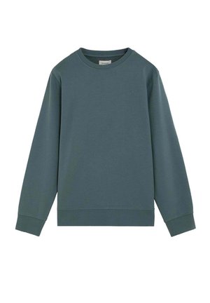 Sudadera de manga larga con cuello redondo en color azul verdoso apagado con puños y dobladillo acanalados, mostrada sobre fondo blanco.