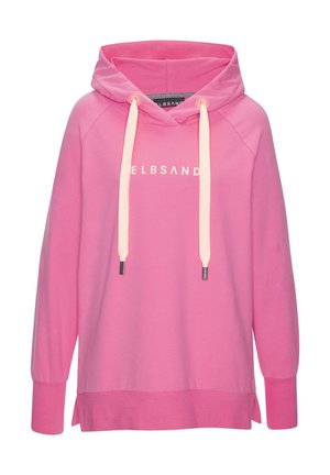 Pink hoodie with a drawstring hood, featuring white text "ELBSAND" on the front, and ribbed cuffs. Soft fabric with side slits at the hem.