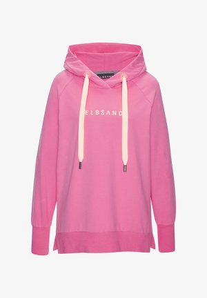 Rosa Kapuzenpullover mit Zugband, auf der Vorderseite mit weißem Text "ELBSAND" sowie gerippten Bündchen. Weiches Material mit seitlichen Schlitzen am Saum.