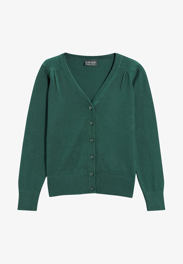 Groene cardigan met een v-hals, lange mouwen en knoopsluiting. Beschikt over een geribbelde zoom en een gestructureerd materiaal met subtiele zijplooien.