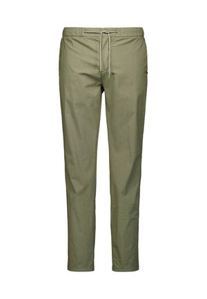 Lichtgroene broek van zacht materiaal, met een elastische tailleband, trekkoordsluiting en een slim, recht model. Geen zichtbare zakken.