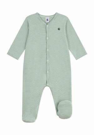 Grün-weiß gestreifter Babystrampler mit langen Ärmeln, vorderen Druckknöpfen und runden Füßchen. Mit einem kleinen Logo auf der Brust.