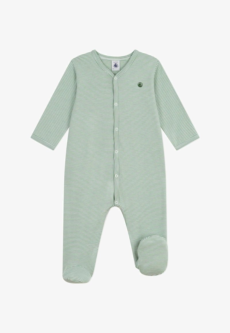 Bodysuit per neonato a righe verdi e bianche con maniche lunghe, bottoni a pressione sul davanti e fondo con piedi arrotondati. Presenta un piccolo logo sul petto.