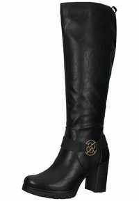 Botte noire en cuir mi-mollet avec talon épais, sangle texturée et boucle circulaire décorative dorée sur le côté extérieur.