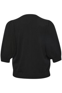 Pull noir à manches courtes avec un motif de tricot texturé, des manches bouffantes et un col rond. Détails de bord-côte à l'ourlet et aux poignets.