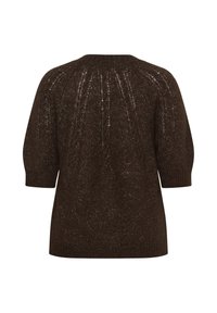 Dark brown knitted sweater with half sleeves and subtle vertical openwork pattern on the back.