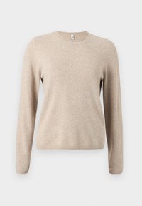 Μπεζ πουλόβερ με μακριά μανίκια και στρογγυλή λαιμόκοψη, κατασκευασμένο από μαλακό, υφασμάτινο ύφασμα με υφή. Διαθέτει ριμπ μανσέτες και τελείωμα. Απλός, μίνιμαλ σχεδιασμός.