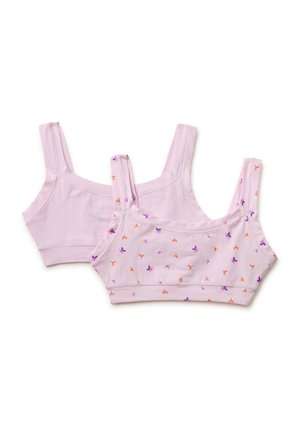 Twee lichtroze trainingsbeha's voor meisjes, één effen en één met een kleine paarse en oranje bloemenprint, plat gelegd op een witte achtergrond.