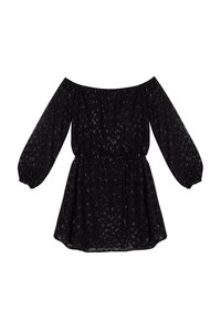 Robe noire à épaules nues en tissu transparent, dotée de longues manches bouffantes, d'une taille cintrée et de détails subtils en motifs partout.