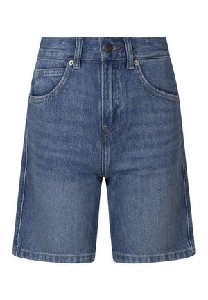 Shorts en denim bleu taille haute avec bouton à l'avant, fermeture éclair, passants pour ceinture et poches avant, présentés sur un fond blanc.