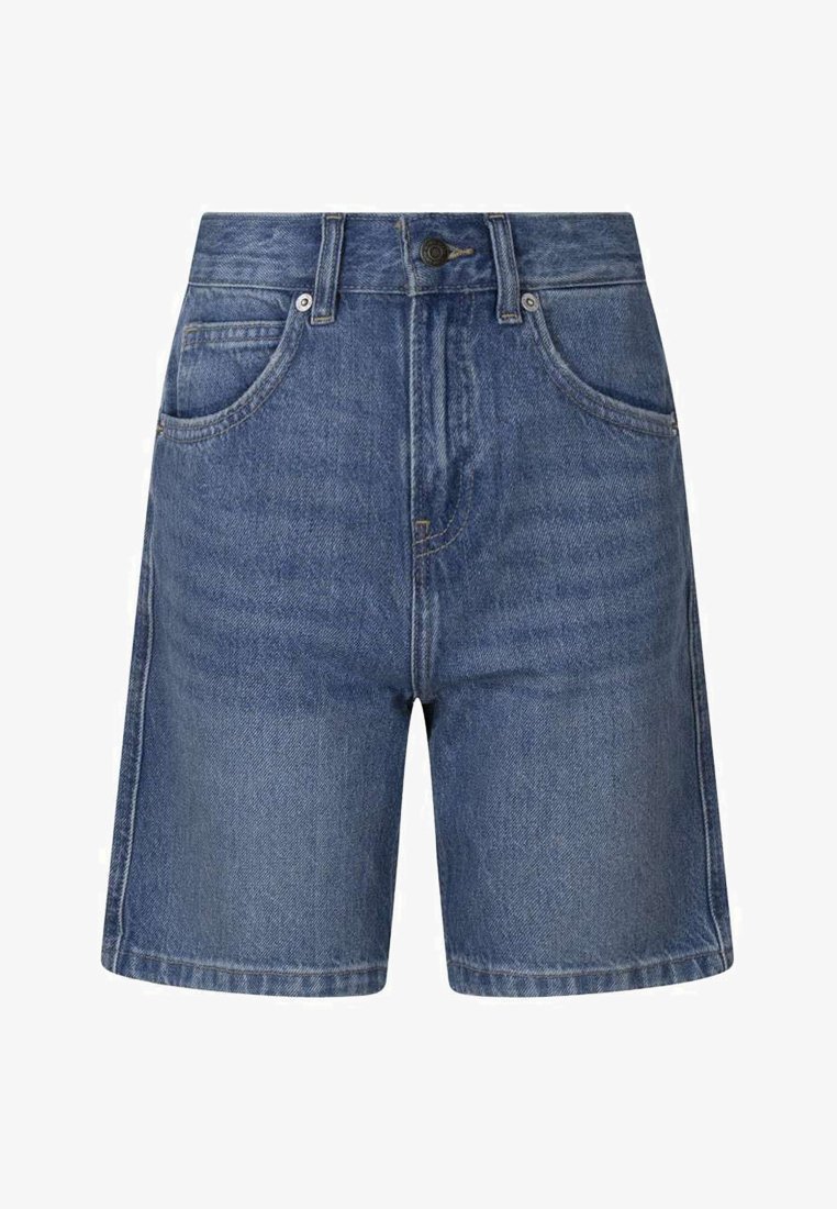 Shorts en denim bleu taille haute avec bouton à l'avant, fermeture éclair, passants pour ceinture et poches avant, présentés sur un fond blanc.