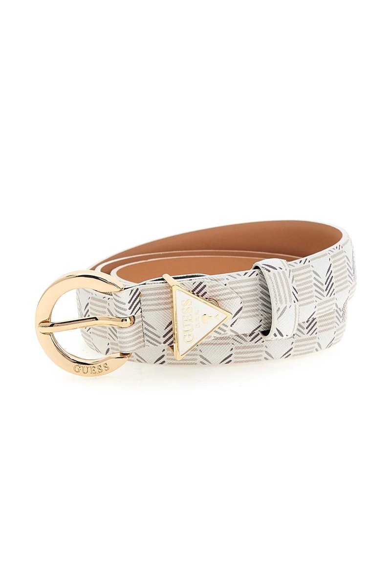 Ceinture en tissu tissé de couleur blanche avec des motifs géométriques en gris et prune. Dotée d'une boucle ronde en métal doré et d'un accent triangulaire doré.