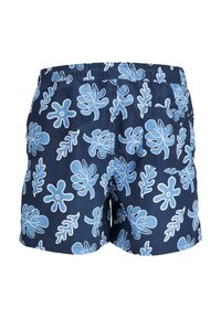 Zwemshorts met een marineblauwe achtergrond en witte en lichtblauwe bladdiagrammen. Elastische tailleband met een achterkant zakdetail.