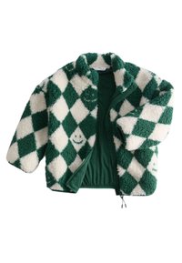 Groene en witte fleecejas met diamantpatroon, voorzien van een zachte textuur, ritssluiting en een glimlachend gezichtje aan de voorkant.