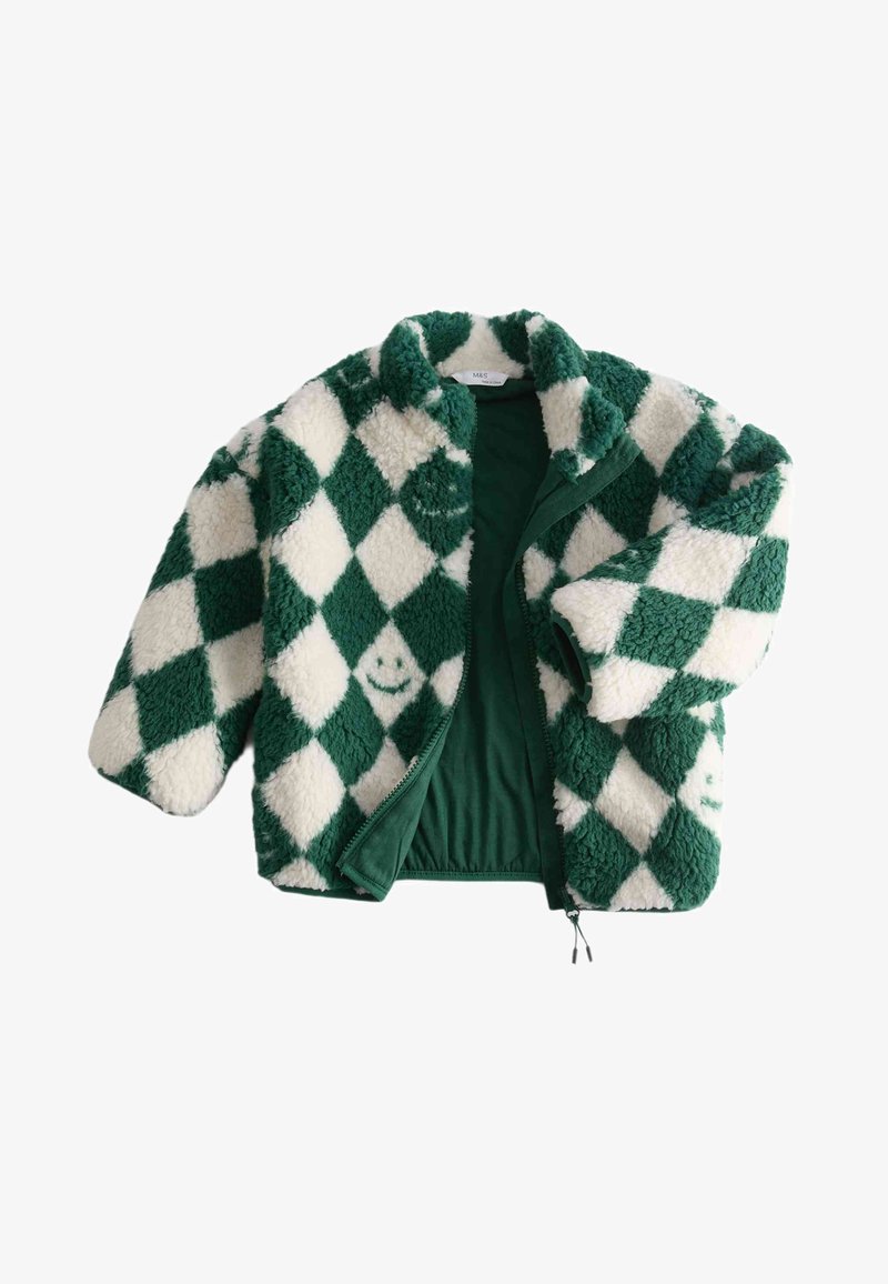 Chaqueta de forro polar a rayas en verde y blanco con una textura suave, cierre con cremallera y detalle de cara sonriente en el frente.