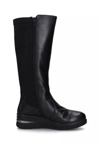 Stivale nero in pelle al ginocchio con cerniera laterale, pannelli in tessuto elastico, suola ammortizzata e tacco a cuneo per maggiore altezza e supporto.