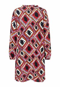 Robe à manches longues ornée d'un motif en diamant coloré rouge, noir, rose et blanc, avec un col rond et des manches froncées.