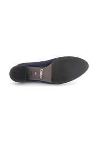 Single navy blue dress shoe with black sole, heel, and brand "Gabor" visible on the inner sole, size 4½, made in Portugal.
