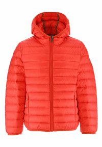 Veste matelassée rouge avec capuche, dotée d'un design matelassé, de fermetures à glissière à l'avant et de poignets élastiqués. Texture lisse et construction légère.