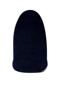 Coussin de siège bleu marine avec texture striée verticale. Forme ovale avec bords arrondis, fabriqué en tissu doux, offrant confort et soutien.