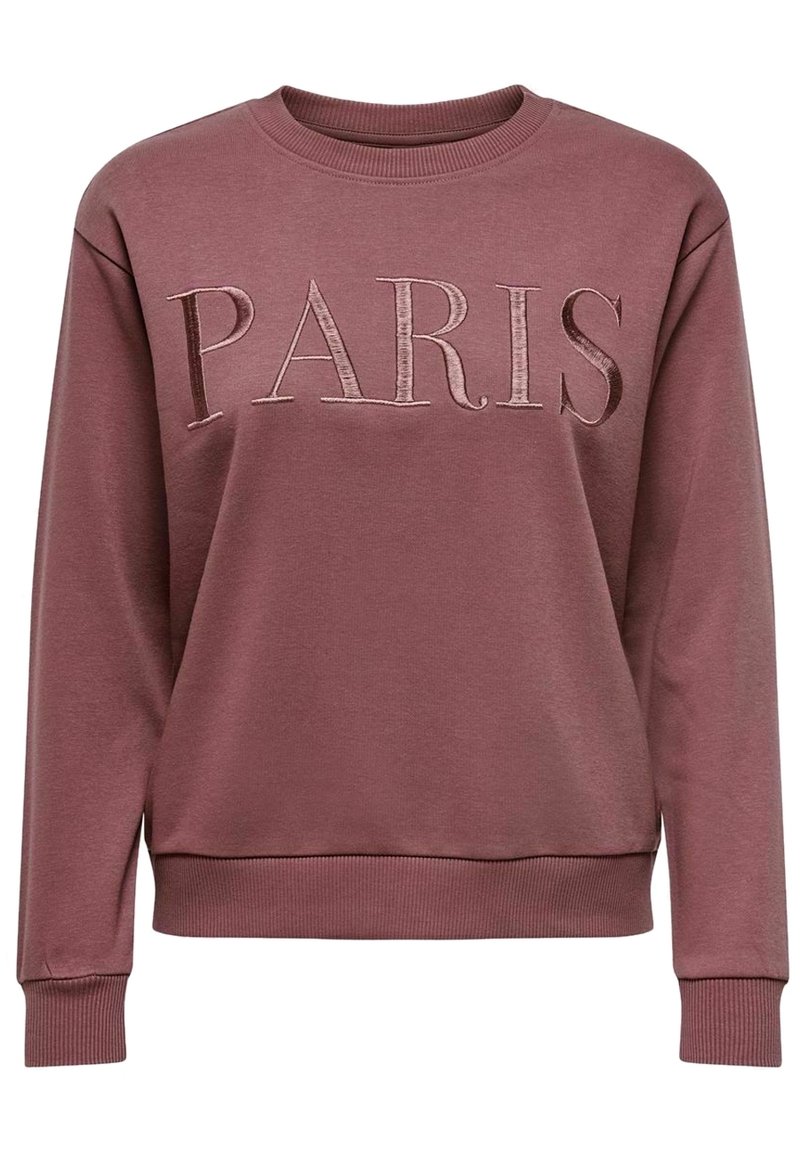 Sudadera color burdeos con la palabra "PARIS" en letras en relieve, cuello redondo, puños y dobladillo acanalados, fabricada con una tela suave y de textura lisa.