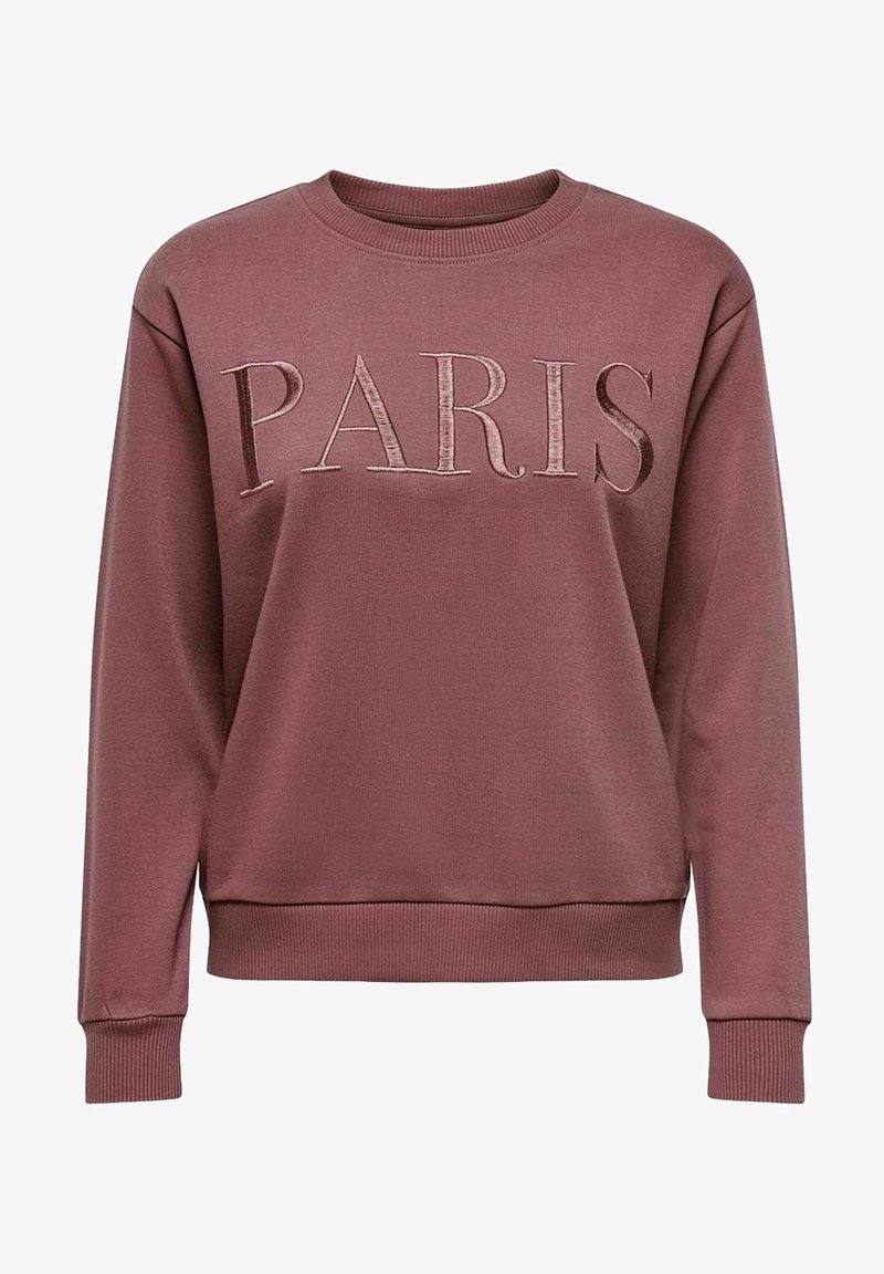 Sudadera color burdeos con la palabra "PARIS" en letras en relieve, cuello redondo, puños y dobladillo acanalados, fabricada con una tela suave y de textura lisa.