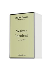 Miller Harris Vetiver Insolent Parfümverpackung; hellgrüner Hintergrund, schwarze Schrift, rechteckige Form, enthält 100 ml Eau de Parfum.