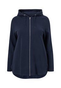 Marine blauwe zip-up hoodie met een trekkoordcapuchon, lange mouwen en een afgeronde onderrand, met een soepele textuur en zilveren ritsdetails.