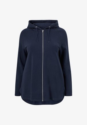 Navy zip-up hoodie with a drawstring hood, long sleeves, and a curved hem, featuring a smooth texture and silver zipper detail.
