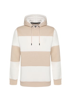 Huppari, jossa on beigejä ja valkoisia vaakasuoria värilohkoja, kiristysnyörit sekä resorit hihansuissa ja helmassa.