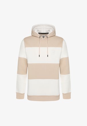 Sweat à capuche avec blocs de couleur horizontaux beige et blanc, cordons de serrage, et poignets et ourlet côtelés.
