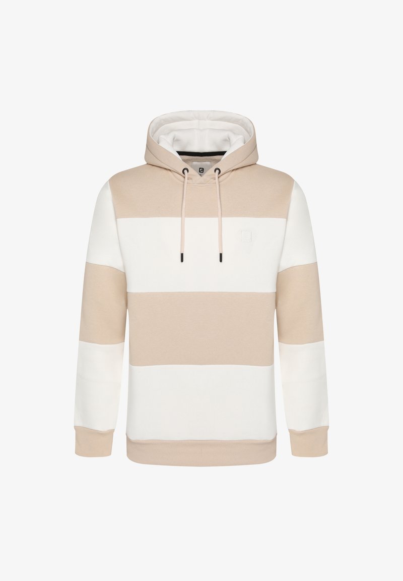 Sweat à capuche avec blocs de couleur horizontaux beige et blanc, cordons de serrage, et poignets et ourlet côtelés.