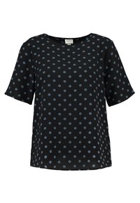 Haut noir à manches courtes avec un motif floral bleu clair, encolure ronde, coupe décontractée et texture lisse.